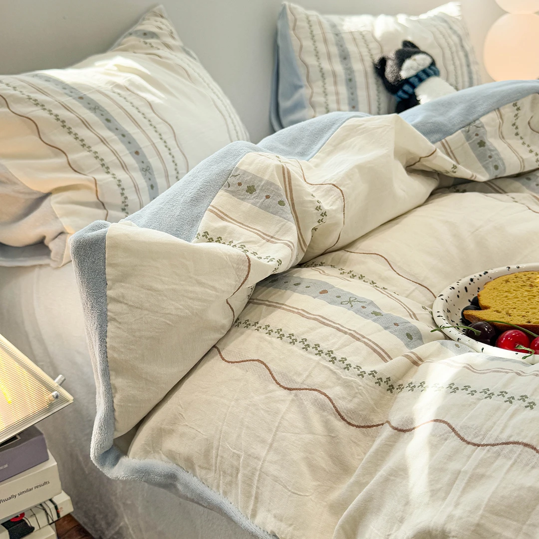 小清新简爱蓝A全棉B牛奶绒床上四件套新款珊瑚绒冬季加厚保暖被套