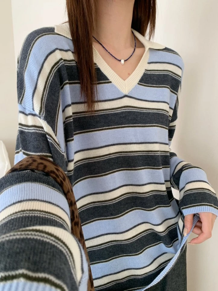 【潘潘.518862】秋冬新款羊毛混纺Polo夹条洋气羊毛女装上新羊毛衫