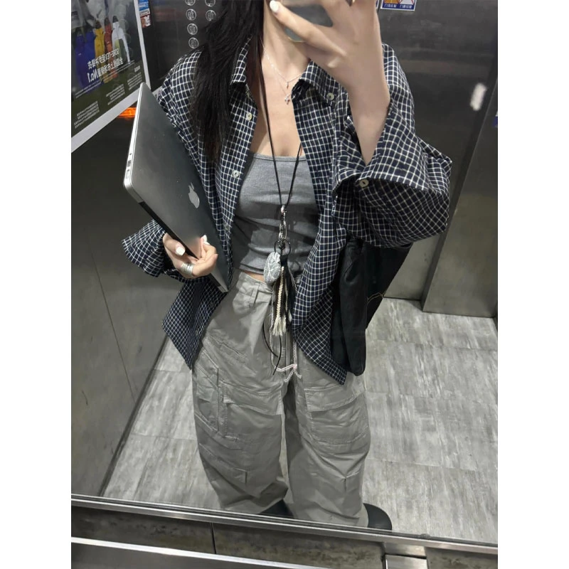 美式复古格子衬衫男夏季潮牌长袖格纹情侣衬衣潮牌高级感防晒外套