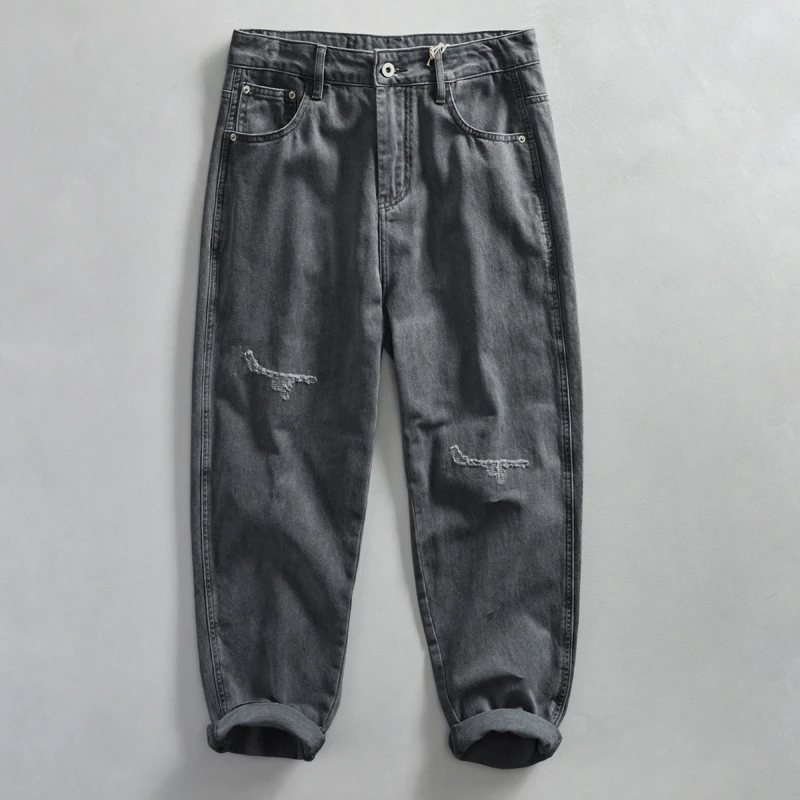 日系复古水洗牛仔裤男士刮烂破洞工装裤子宽松直筒百搭休闲长裤