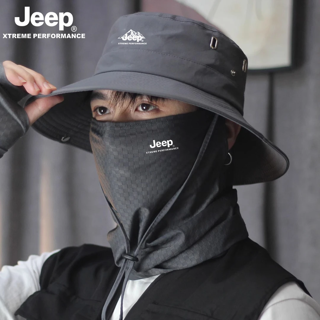 JEEP吉普男士钓鱼帽2025夏季户外遮阳渔夫帽外卖骑行防晒三件套装