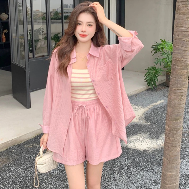 减龄防晒衫衬衫吊带背心短裤套装女2025夏季新款小个子显高三件套
