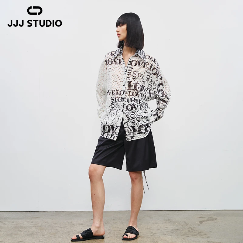 JJJ STUDIO黑白色宽松翻折领绣花镂空波纹字母印花衬衫JUWFR1C184