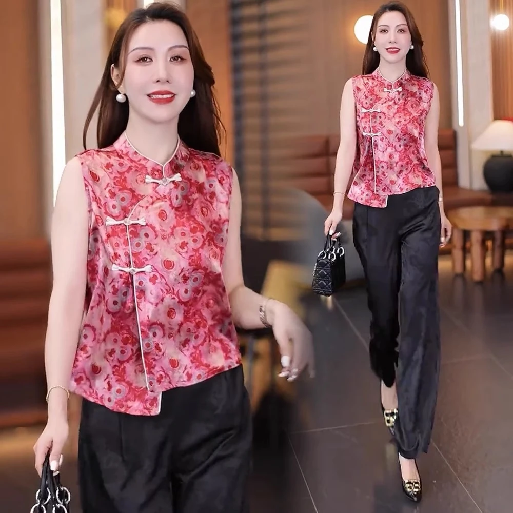 新中式套装女2025夏季新款洋气国风立领盘扣无袖上衣阔腿裤两件套