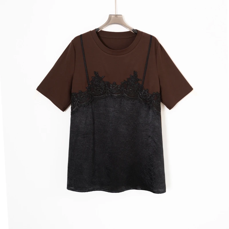 PS250452夏新款小众设计百搭短袖T恤蕾丝拼接假两件微胖穿搭显瘦