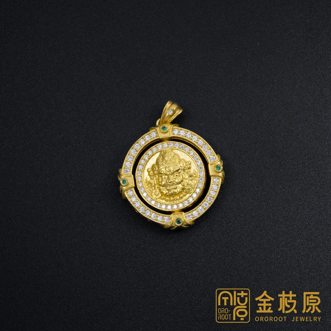 【金枝原】足金999  莫桑黄财神  旋转绿宝吊坠