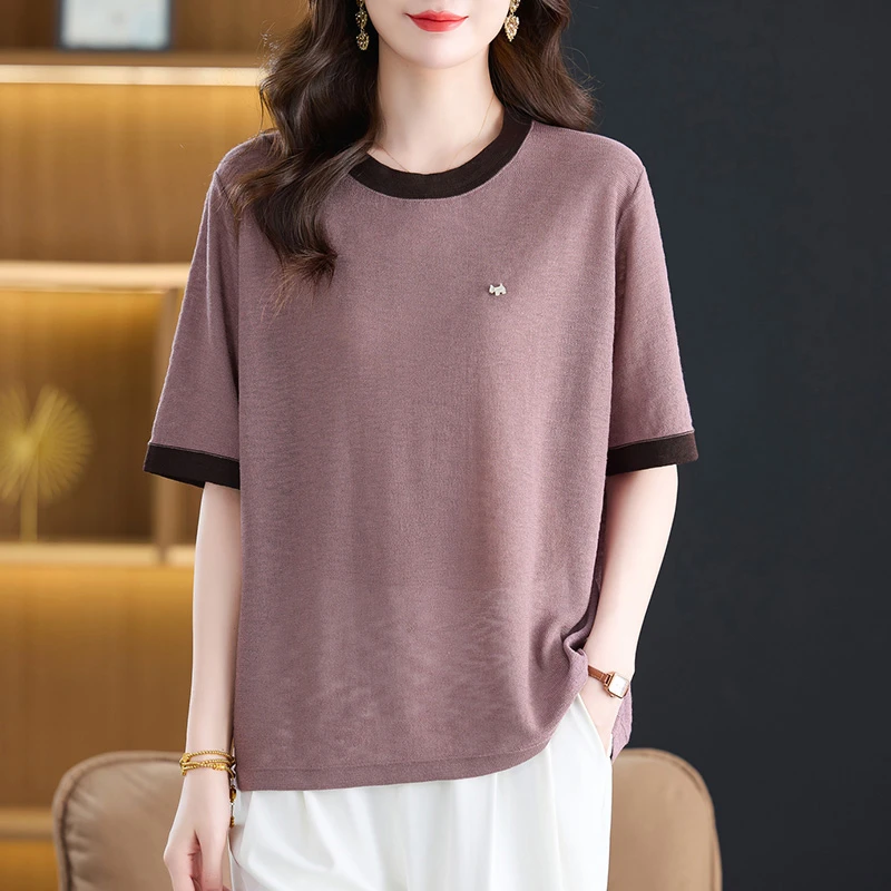 天丝针织衫短袖t恤女装2025新款中年妈妈夏装宽松遮肚子上衣显瘦