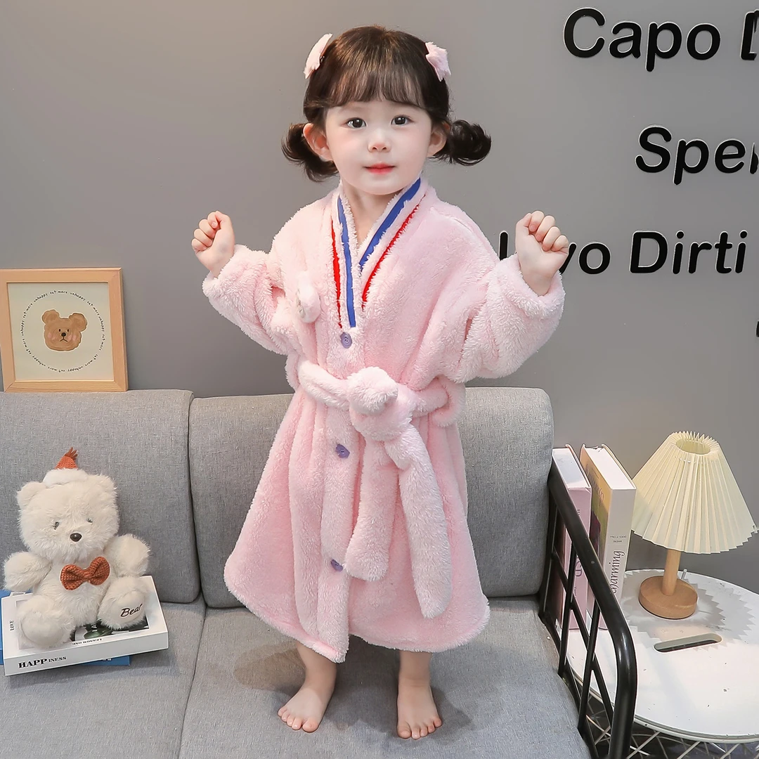 女童睡衣秋冬季法兰绒加厚法兰绒2025新款儿童浴袍女宝宝女孩睡袍