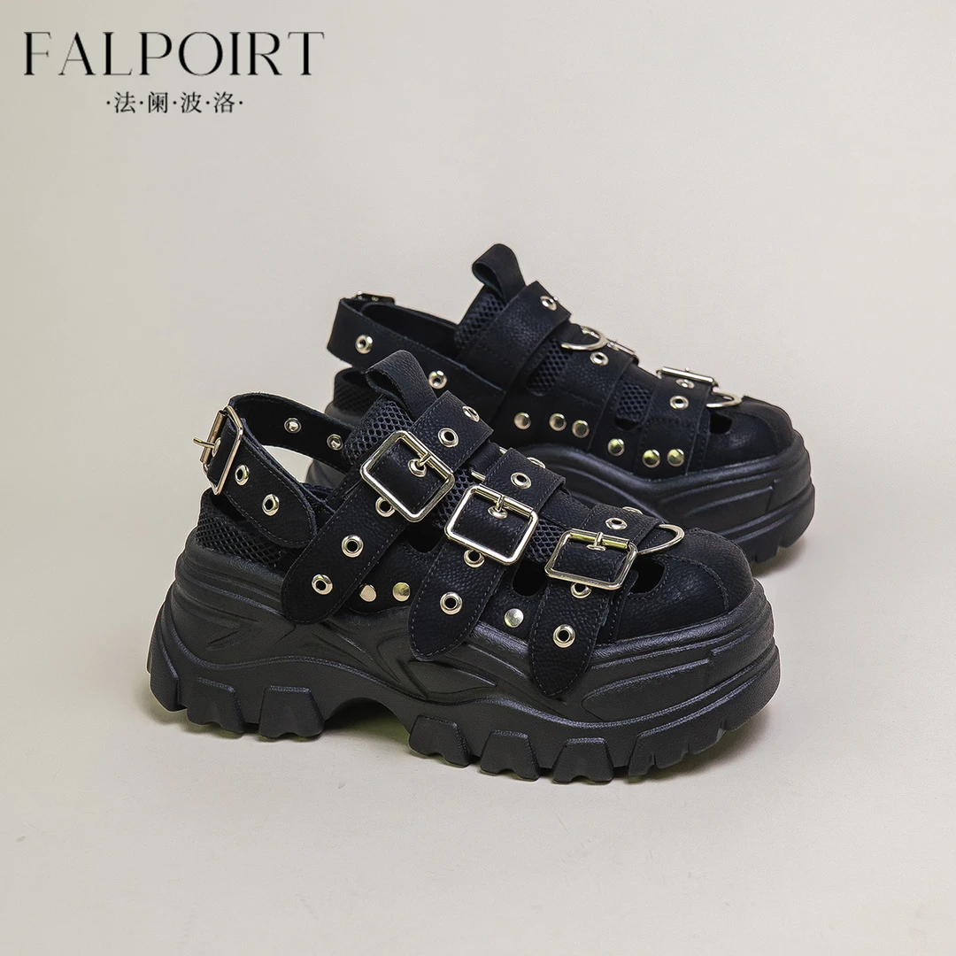FALPOIRT夏季原宿风厚底铆钉机甲老爹鞋女潮松糕休闲酷黑罗马凉鞋