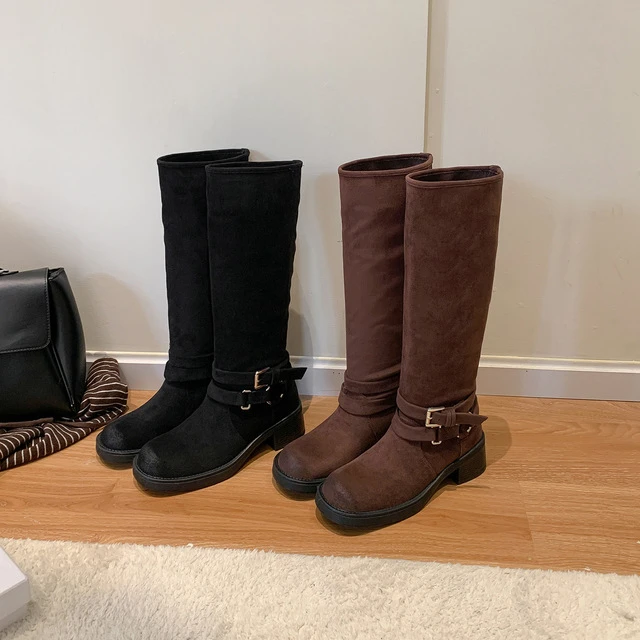 韩版秋冬新款女长筒靴废土风绒面骑士靴粗跟皮带扣圆头西部靴女