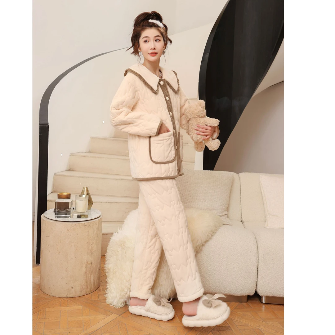 A519时尚保暖家居服套装可外穿高货女款睡衣休闲翻领