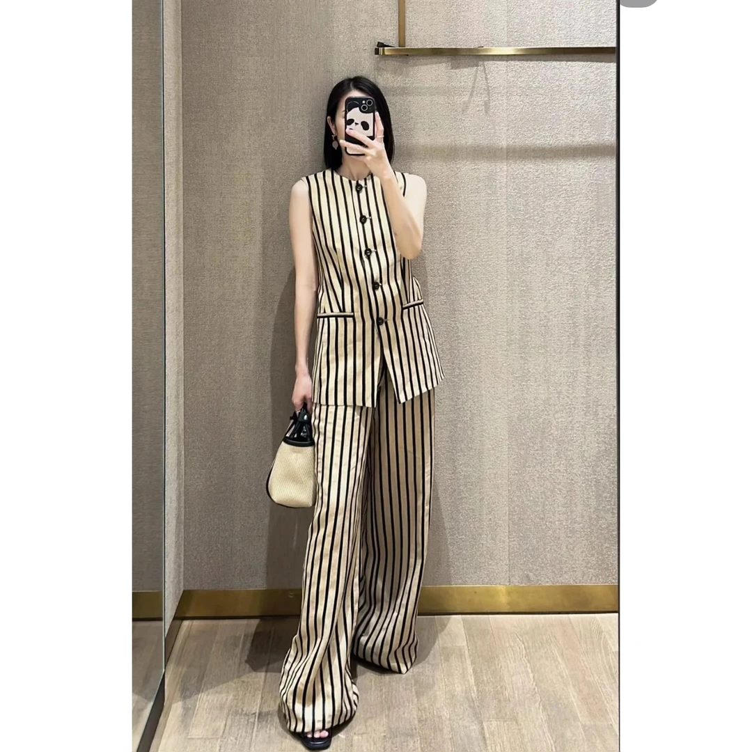 女士外贸条纹高级感老钱风气质随性单排扣马甲垂坠感显瘦亚麻套装