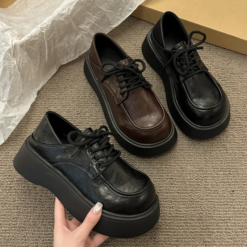 【柯诗鸟】厚底复古乐福鞋女小个子百搭黑色圆头通勤单鞋系带小皮鞋