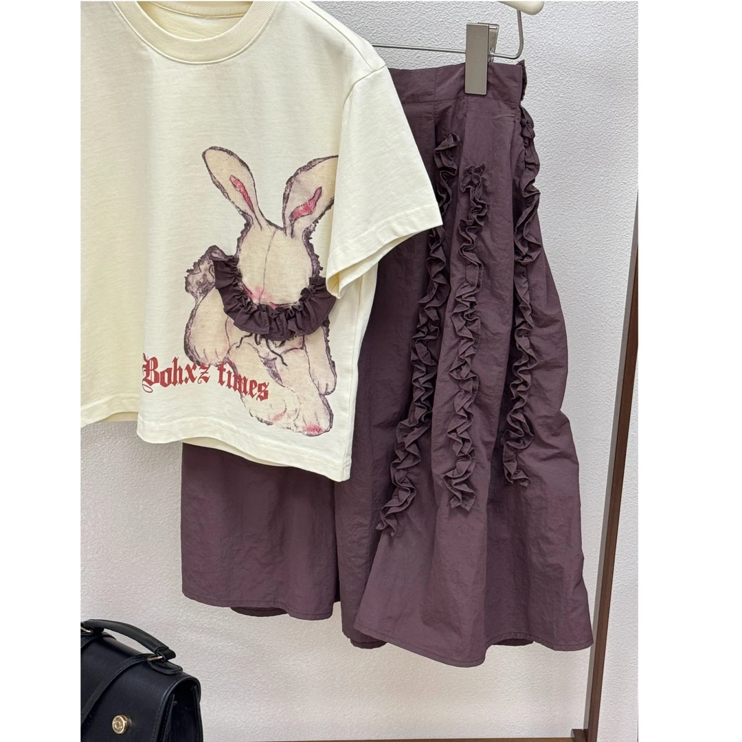 女童套装2025夏季新款兔子印花短袖T搭铁锈红半身裙E52G9002