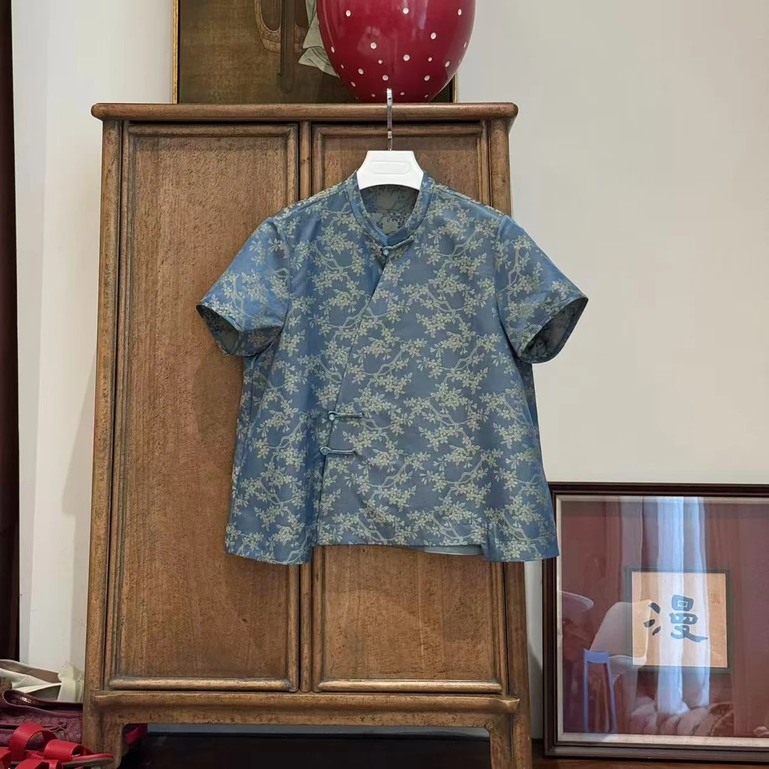 MYL 2025年夏季新22姆米香云纱淡蓝桑蚕丝混纺立领中式斜门襟衬衫