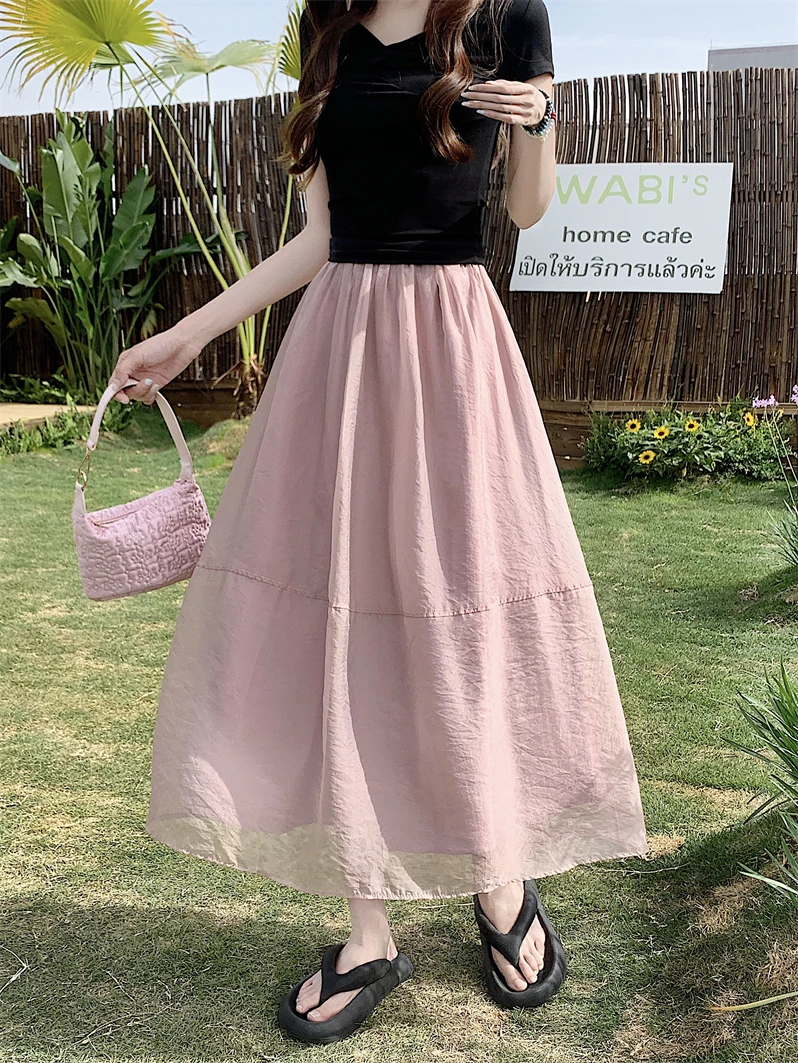 2025夏季新款网纱拼接中长款半身裙女高腰显瘦a字大摆型纱裙