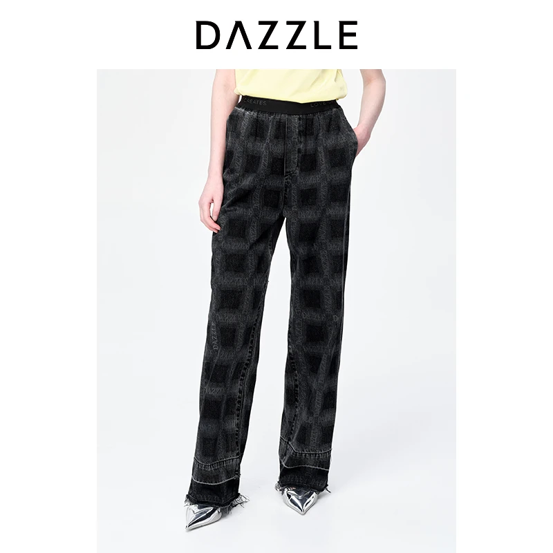 DAZZLE地素松紧腰格纹水洗刺绣牛仔阔腿裤2H1R8043A