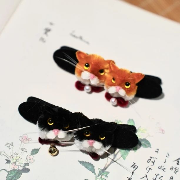 猫咪胖绒边夹  非遗绒花发饰手工绒花头饰
