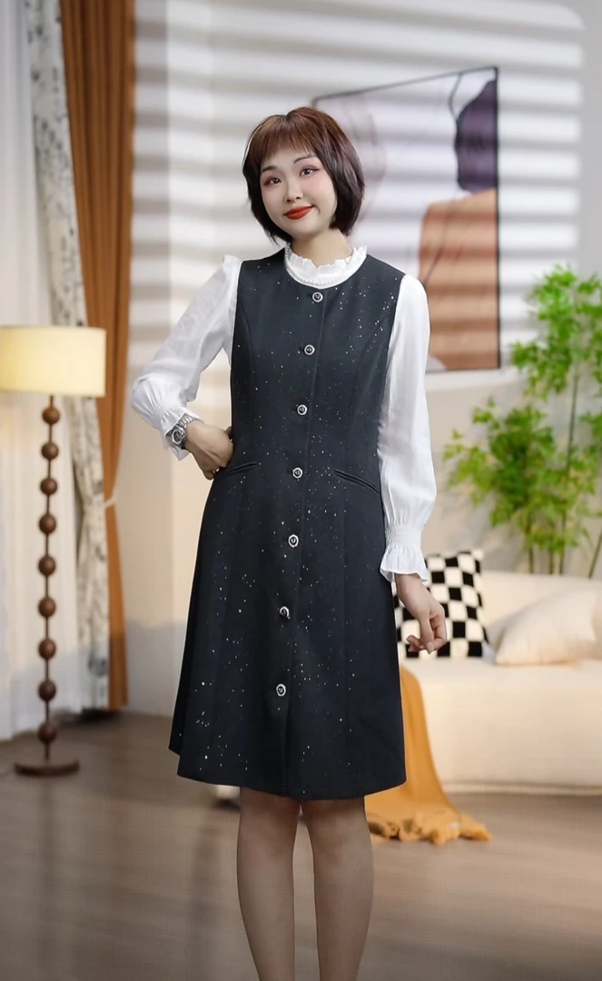 T330春秋花边圆领长袖打底衫黑色修身背心马甲两件套装DM7