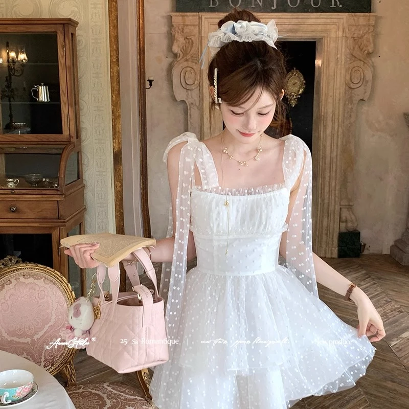 【珍珠白茶】法式夏季蝴蝶结吊带连衣裙女仙仙网纱植绒波点短裙
