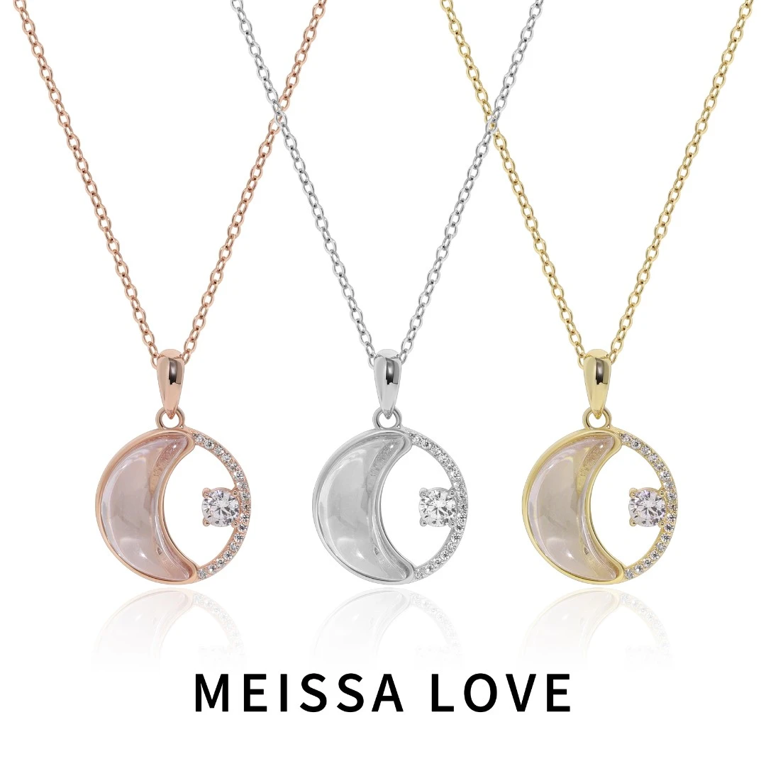 坠链均925银合成锆石 柔光月钻项链 圆形透亮弯月亮吊坠精致饰品