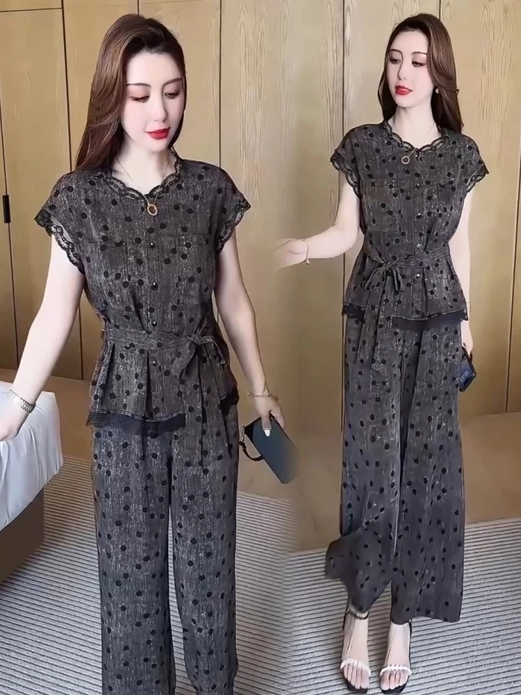 夏季新款时尚套装女2025时髦洋气短袖上衣高腰阔腿裤波点两件套潮
