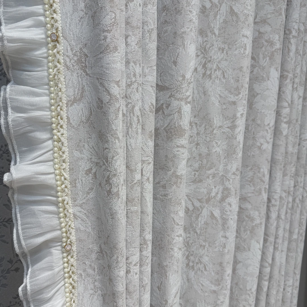 煜宁雪尼尔奶杏色繁花似锦成品雪尼尔加厚窗帘客厅布帘【高温定型】