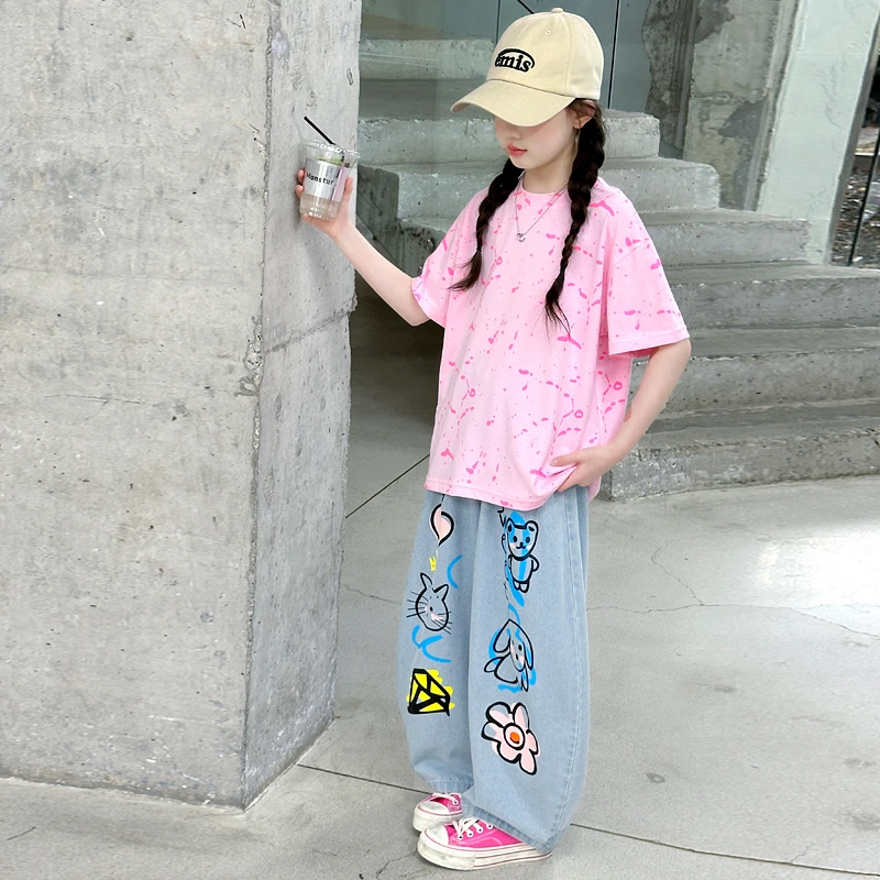 2025新款中大儿童洋气时髦泼墨T恤潮流宽松短袖女大童短袖潮T夏装