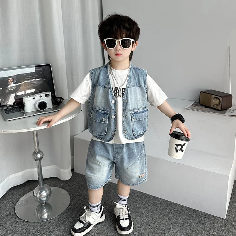 男童牛仔马甲多件套夏季2025新款儿童夏装帅气时髦潮小童短袖套装
