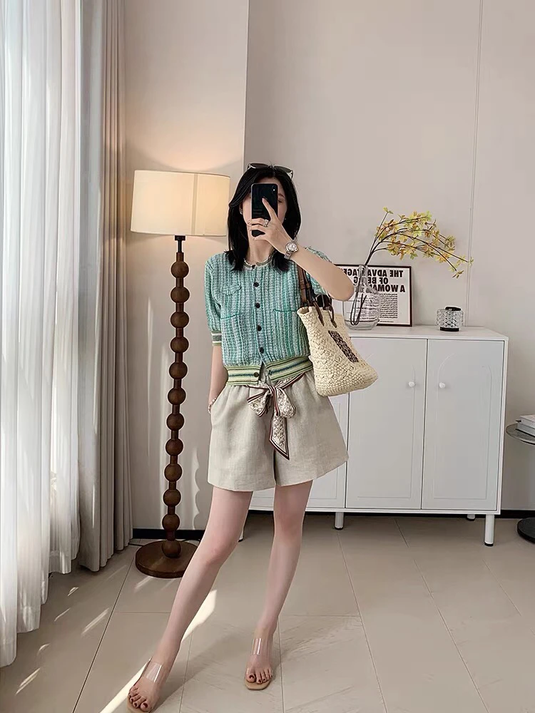 D～粗花短袖圆领开衫女
