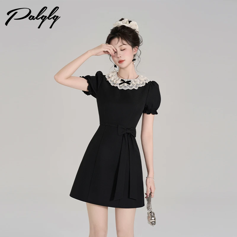 Palglg法式赫本风蕾丝花边圆领灯笼袖夏千金感小黑裙-52PDA43706