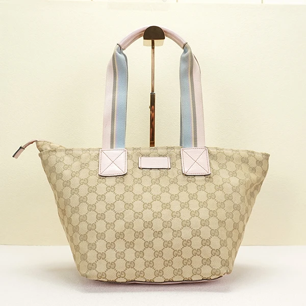 95新 GUCCI/古驰 卡其色织物老花手提包