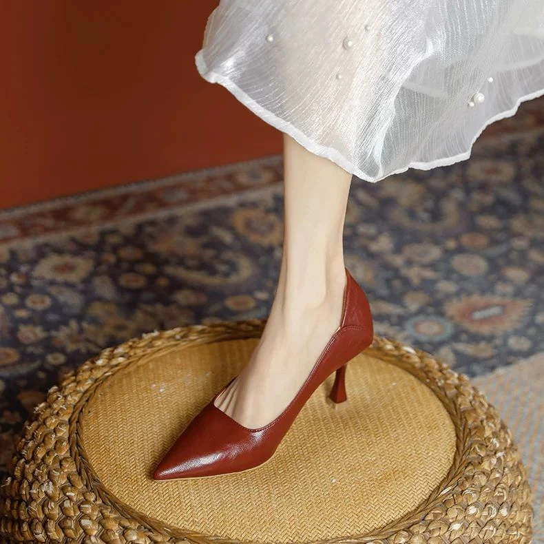 法式高跟鞋女细跟2025年真皮黑色职业工作鞋久站不累脚职业单鞋女