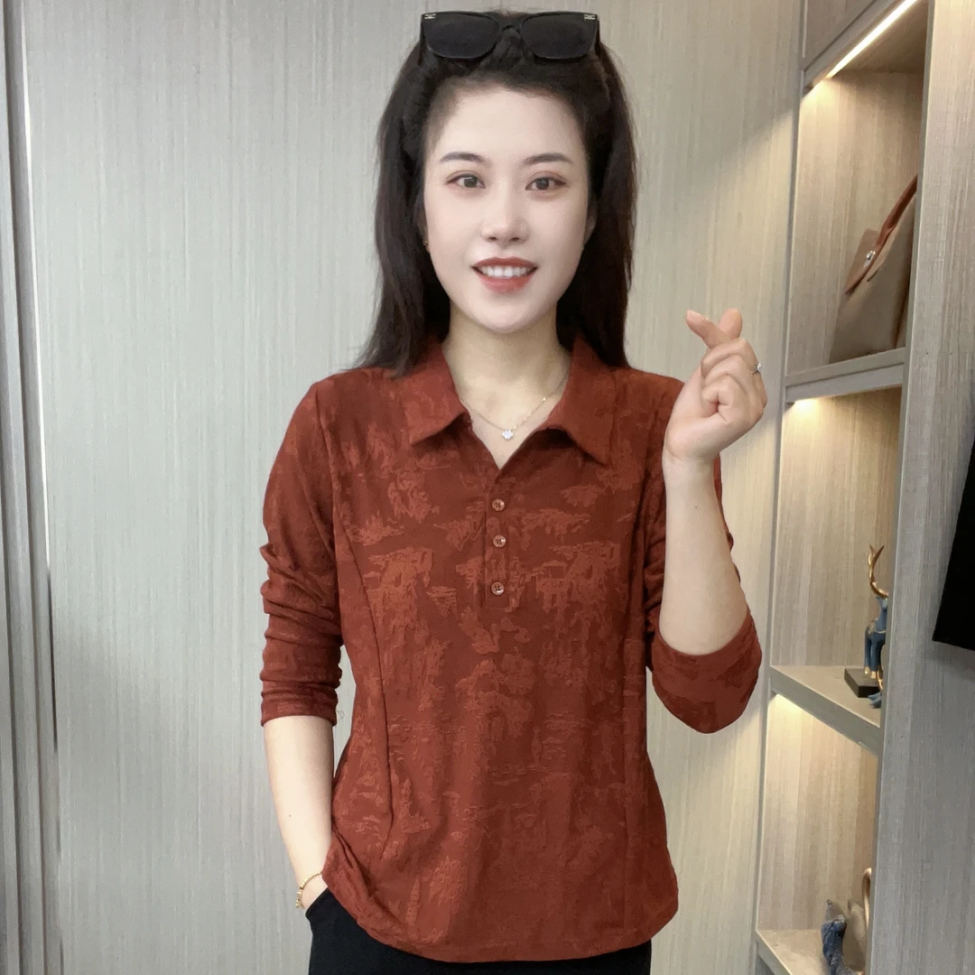 2025秋季新款翻领百搭气质纯色长袖打底女宽松显瘦洋气女