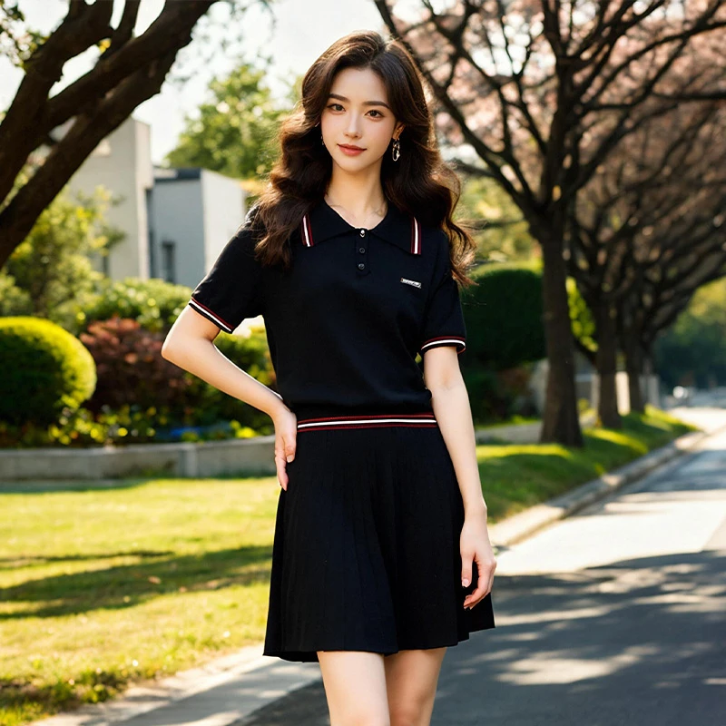 奢姿大码女装2025春装新款时尚气质翻领上衣A字百褶短裙两件套装