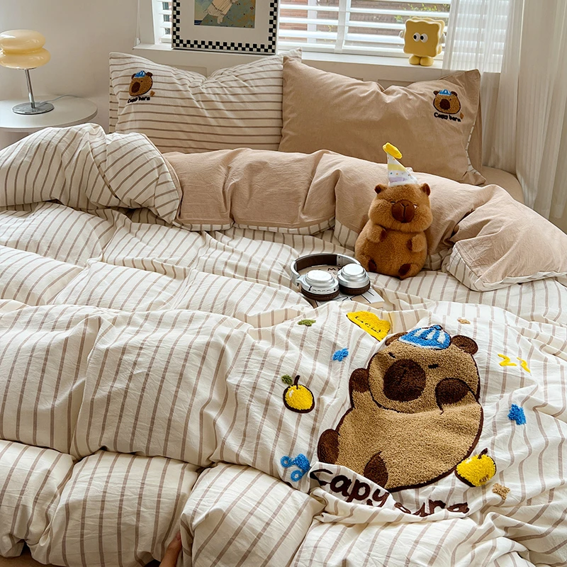 手拉手【卡皮巴拉】纯棉水洗棉色织全棉床上四件套三件套被套床单