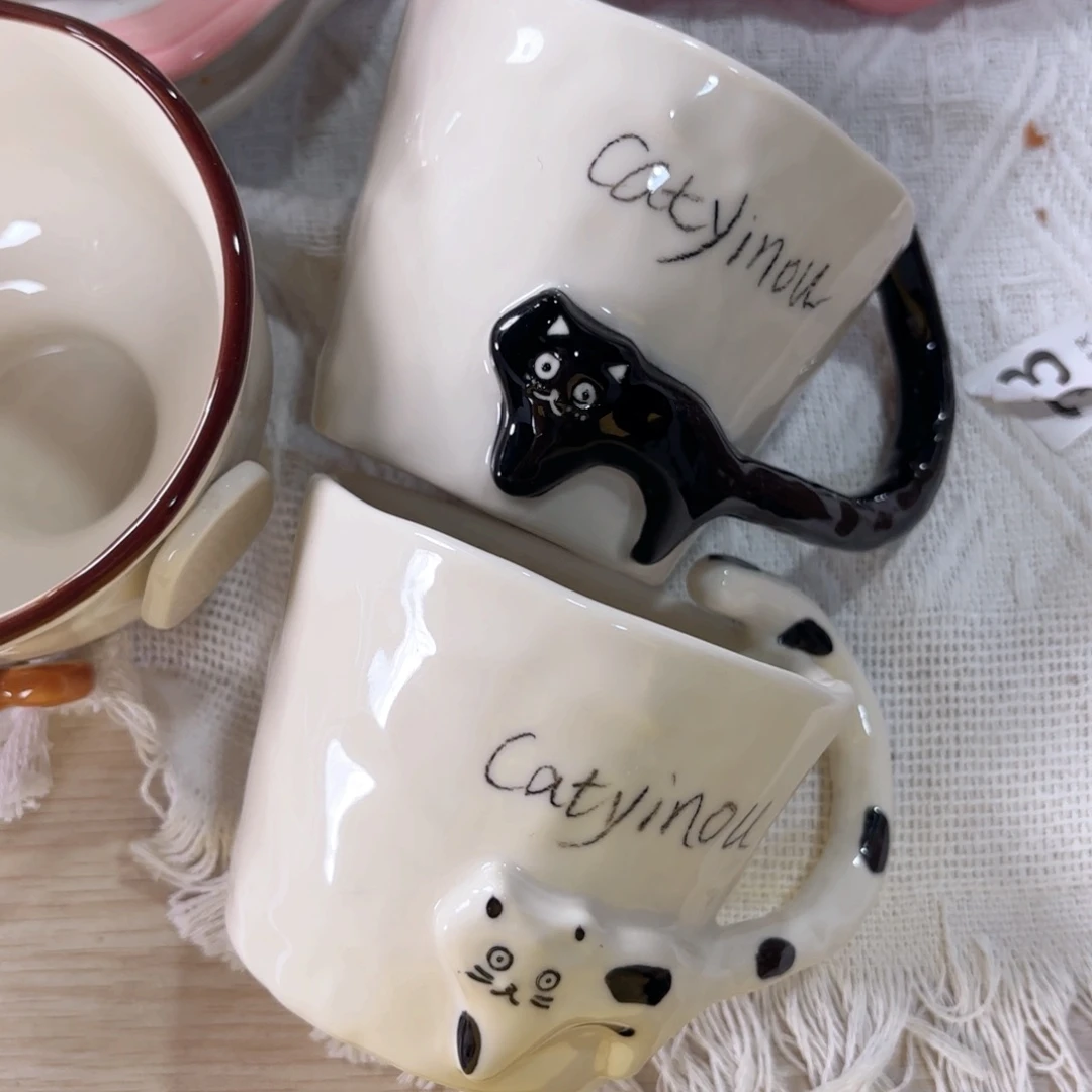 陶小黑猫小白猫水杯两只 微微瑕