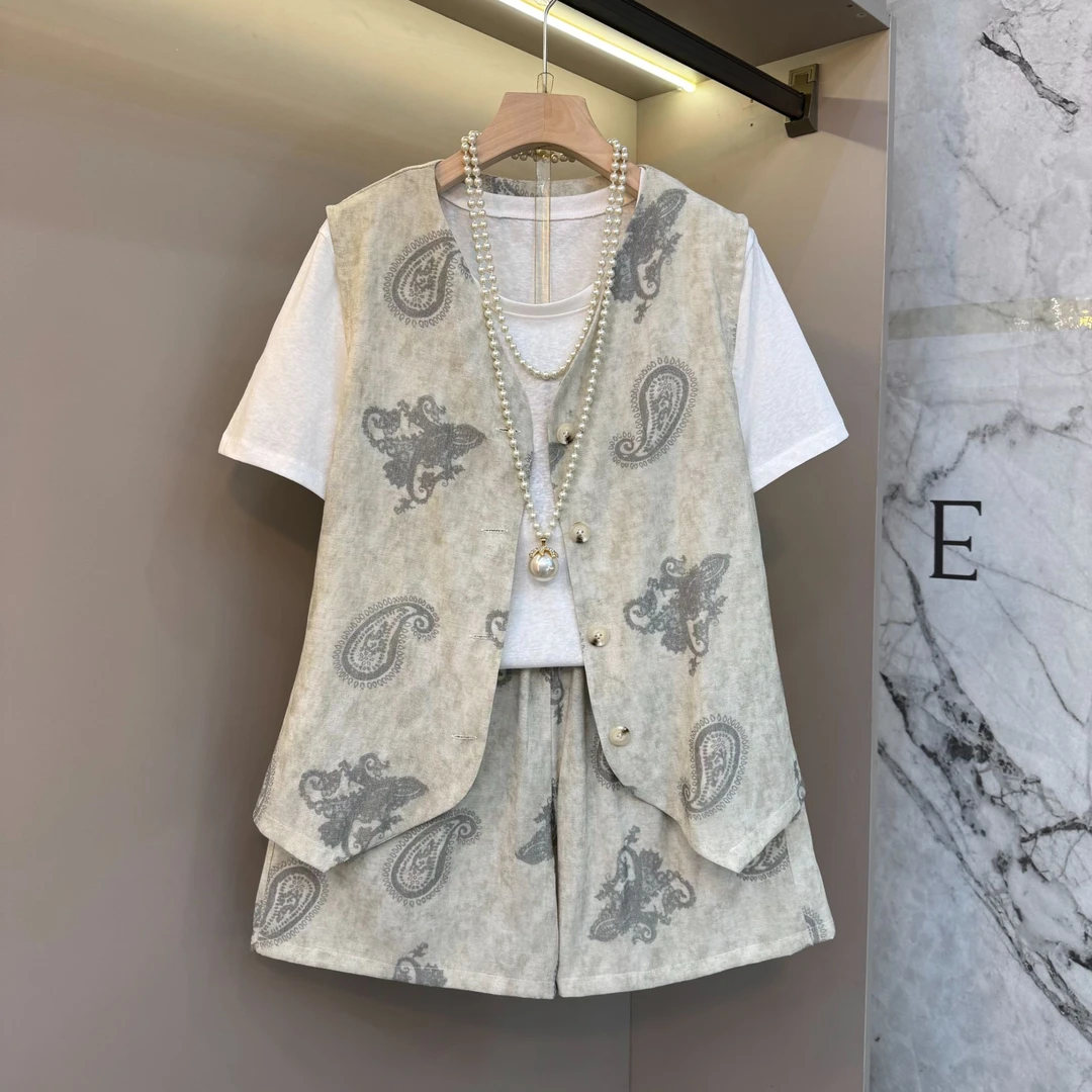 2025新中式国风复古腰果花印花轻薄防晒简约大方马甲三件套3622