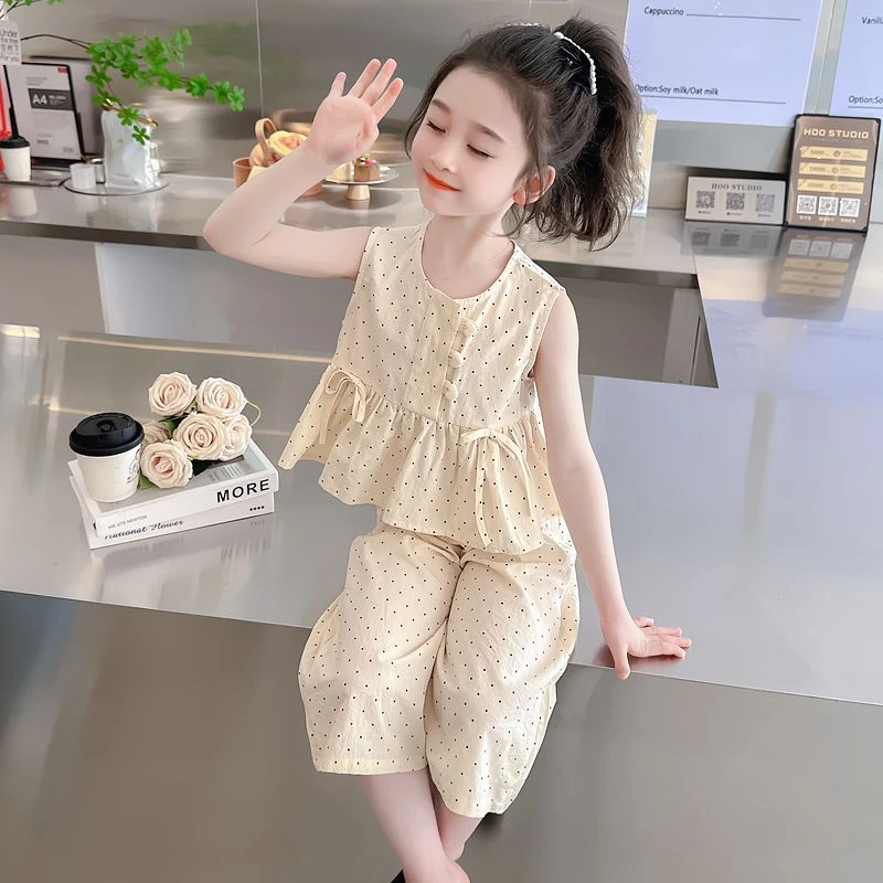 女童套装夏装2025夏季新款韩版圆点网红儿童洋气无袖裤子两件套潮
