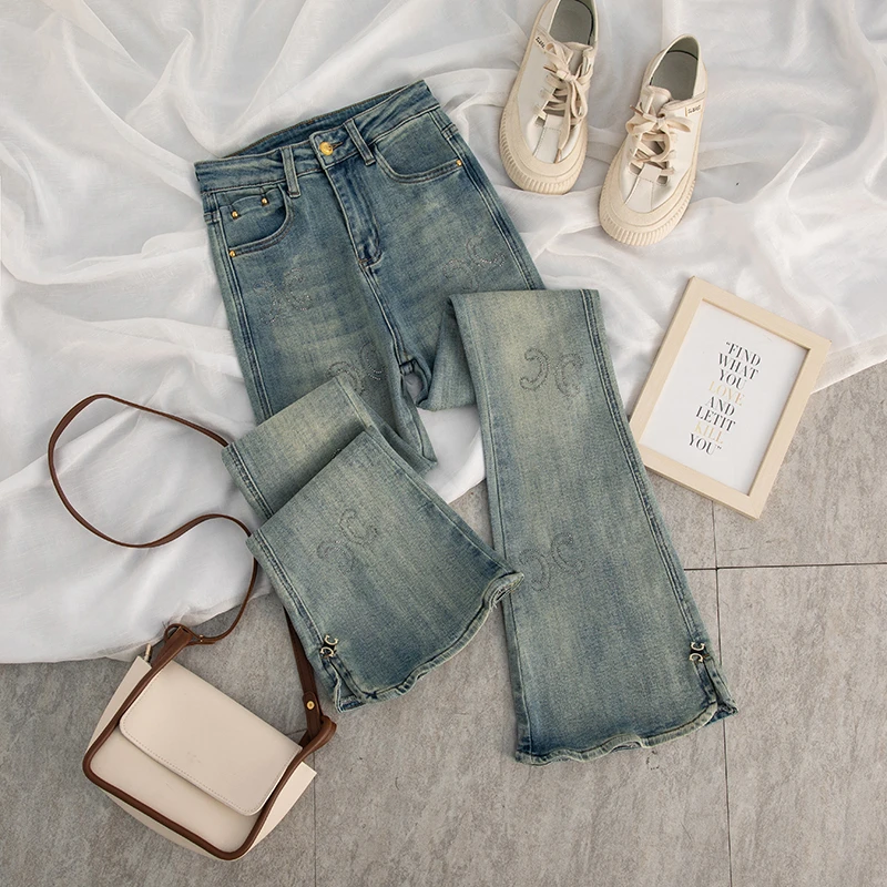 微喇牛仔裤女复古夏季水洗高腰修身显瘦弹力喇叭长裤9685