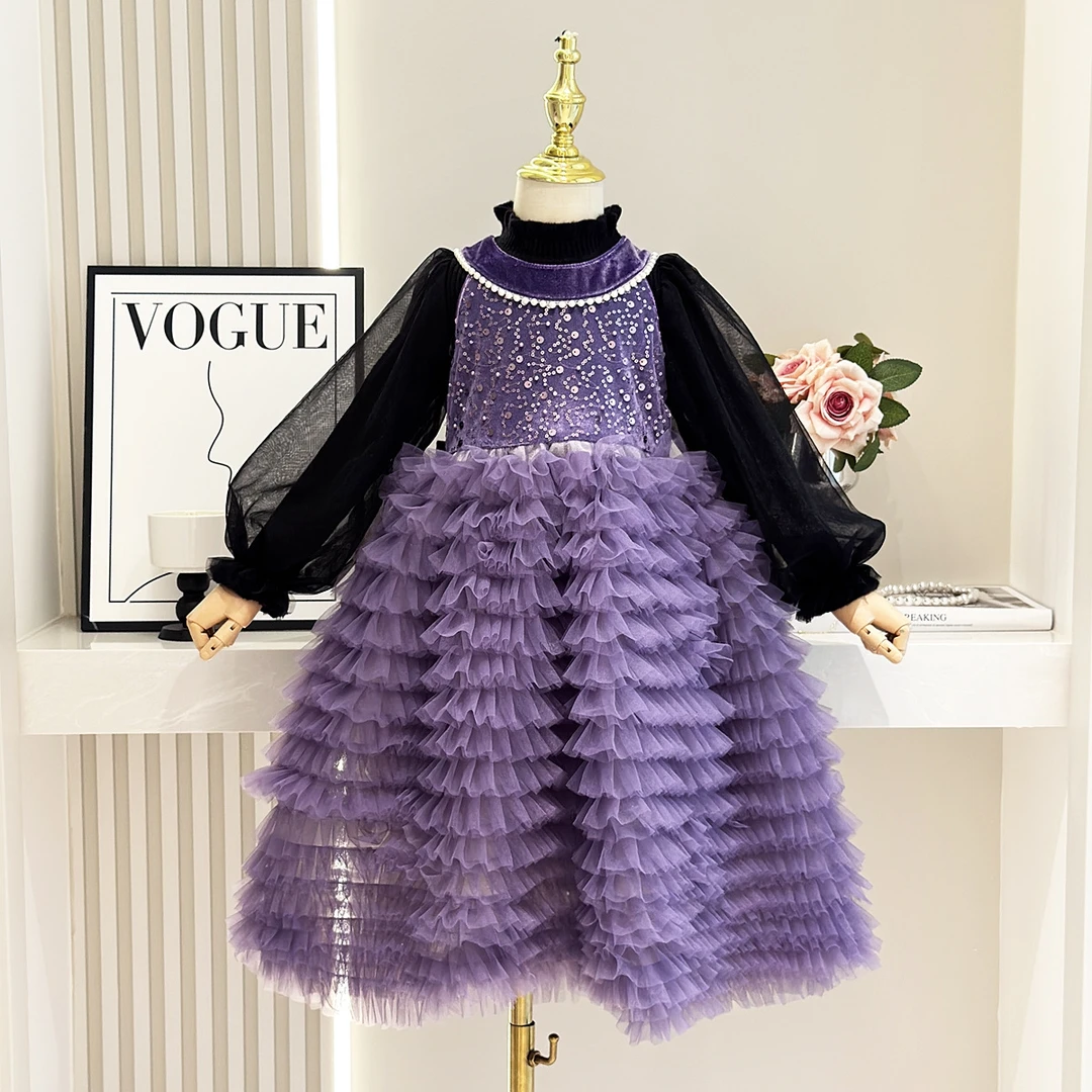 2025秋冬新款女童套装裙子小香风公主裙儿童毛衣连衣裙紫色礼服裙