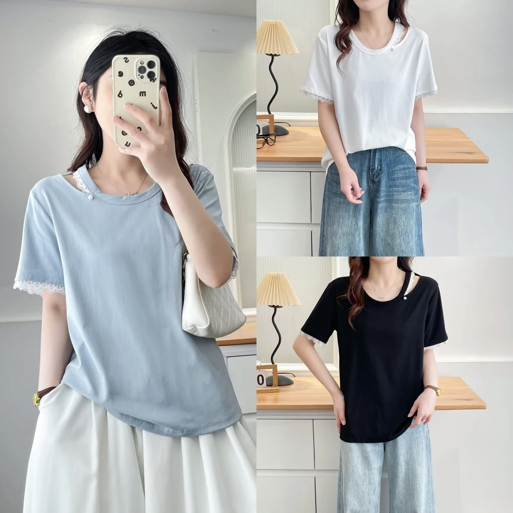 大码胖mm洋气设计感蕾丝花边镂空圆领T恤女夏季新款百搭显瘦上衣