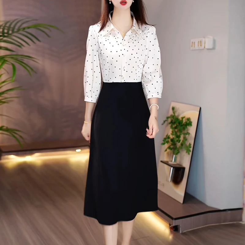 洋气POLO领七分袖连衣裙女2025年秋季新款妈妈波点假两件礼服裙子