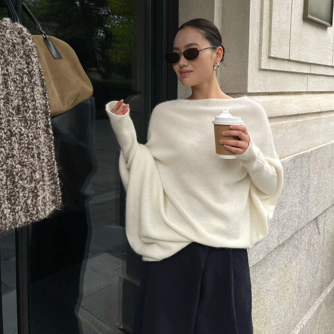 PURITYYH韩系一字肩长袖针织衫秋冬新款时尚百搭毛衣宽松休闲上衣