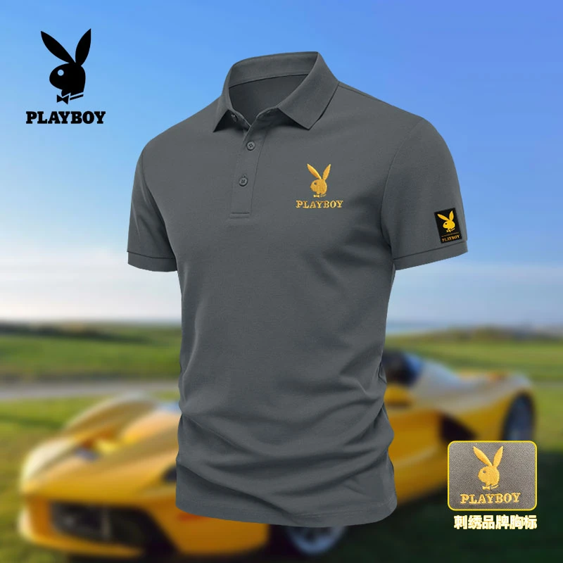 PLAYBOY花花公子Polo衫透气纯色夏季刺绣短袖商务休闲翻领上衣T恤