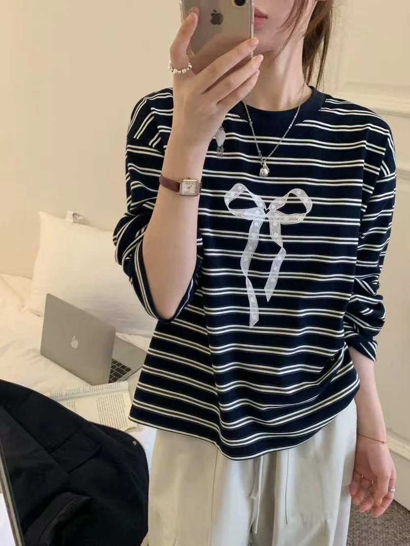 FUJIA STYLE新款韩版蝴蝶结印花撞色条纹长袖T恤T192563