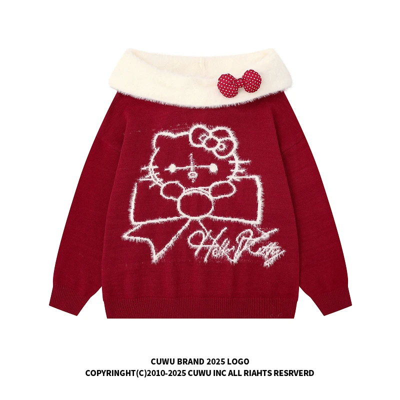 cuwu甜美圣诞蝴蝶结kitty猫提花连帽毛衣女秋冬慵懒风软糯上衣