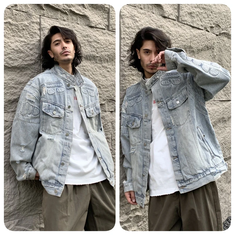 美式高街重工水洗破洞牛仔衣外套男潮牌宽松大码美式复古工装