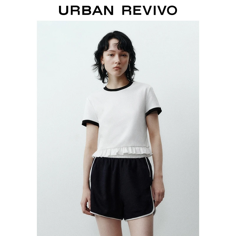 UR2025秋季新款女装休闲撞色领荷叶边短袖T恤UYY450262+