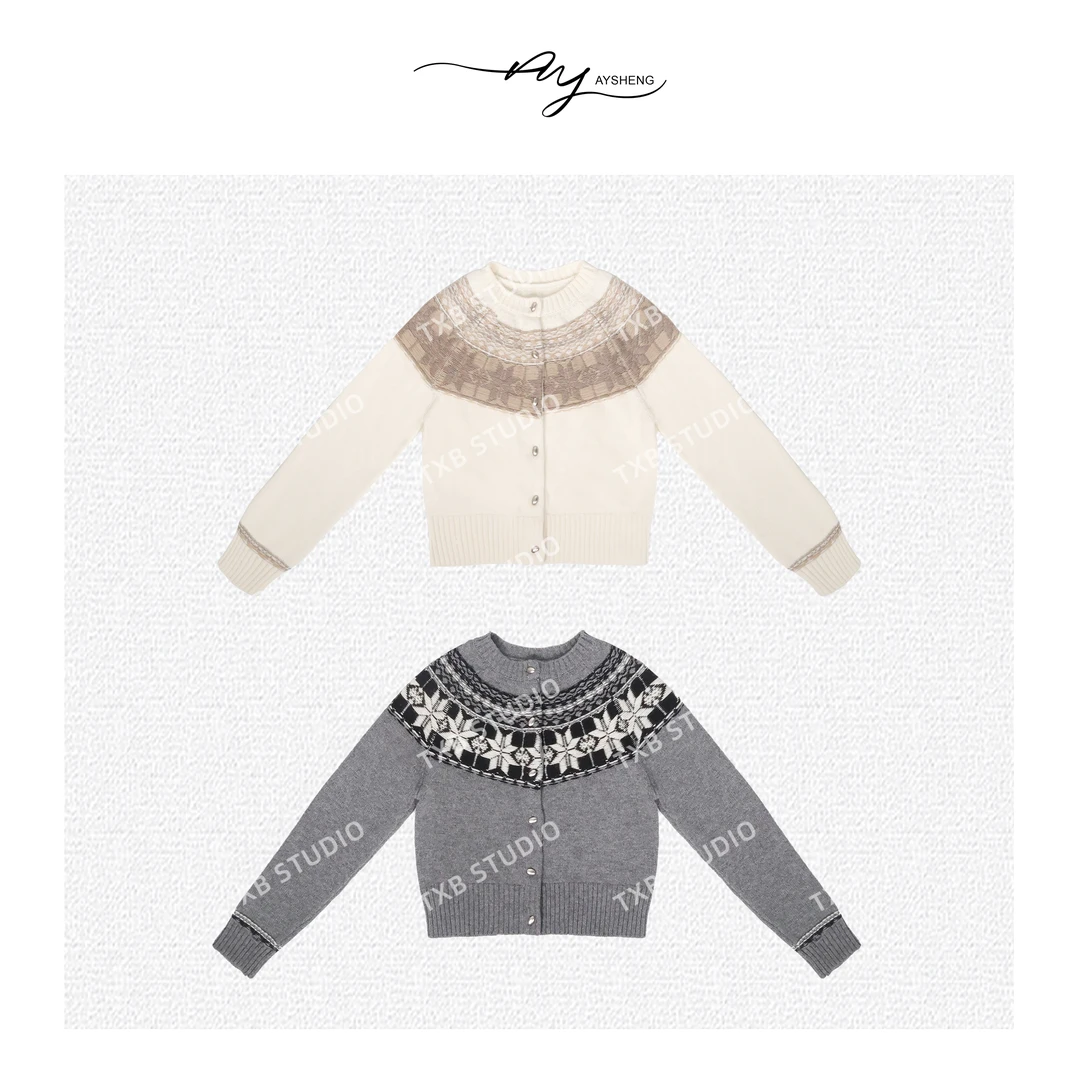 TXB “星辰降落”羊毛费尔岛图案复古提花圆领针织开衫XB-6661